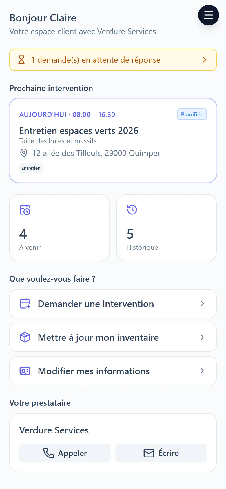 Espace client : prochaine intervention et actions rapides (demander une intervention, inventaire)