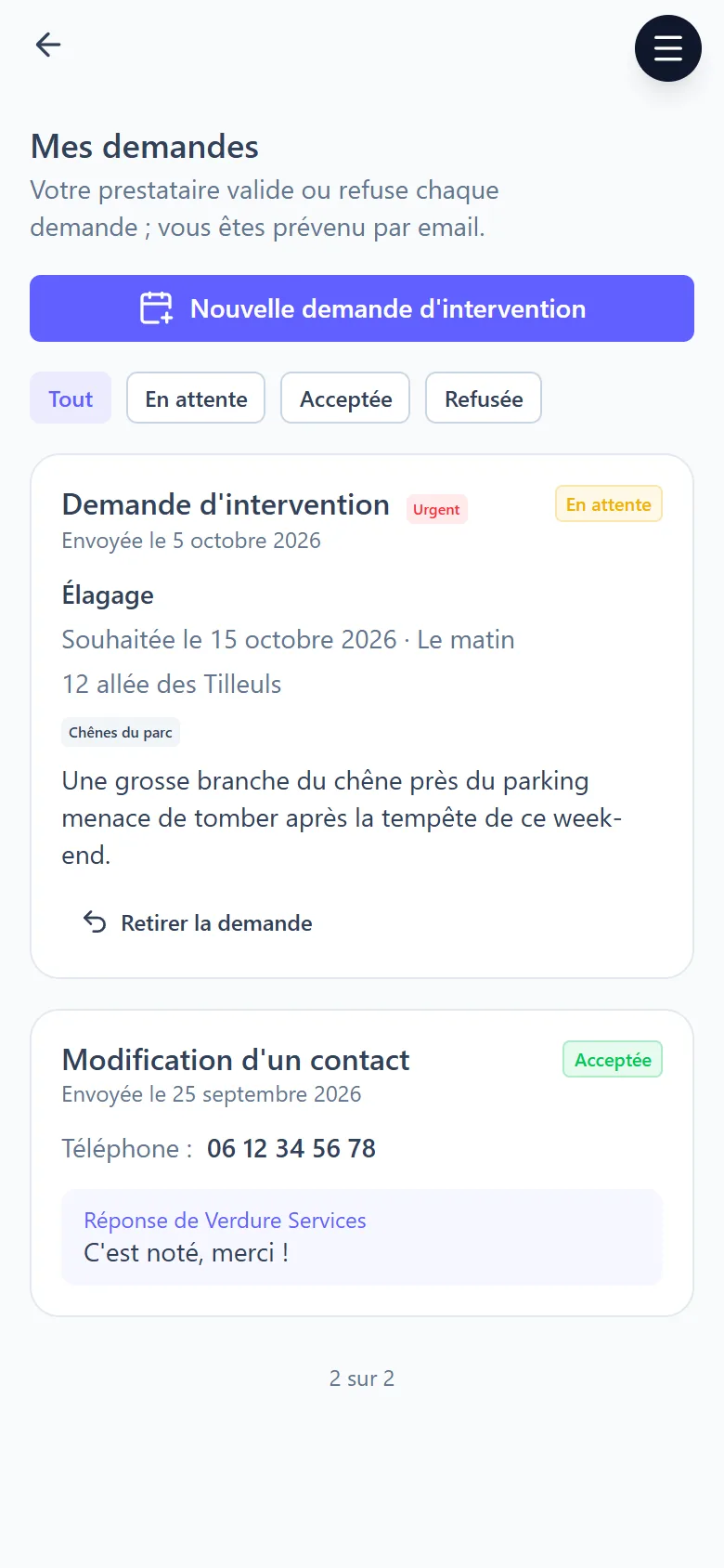 Espace client : suivi des demandes envoyées au prestataire, en attente ou acceptées avec sa réponse