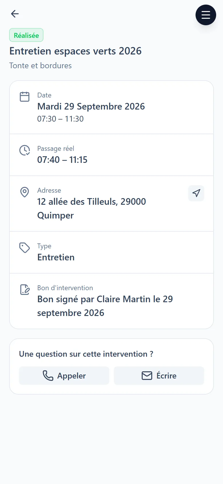 Espace client : détail d'une intervention réalisée, avec le passage réel et la signature du bon