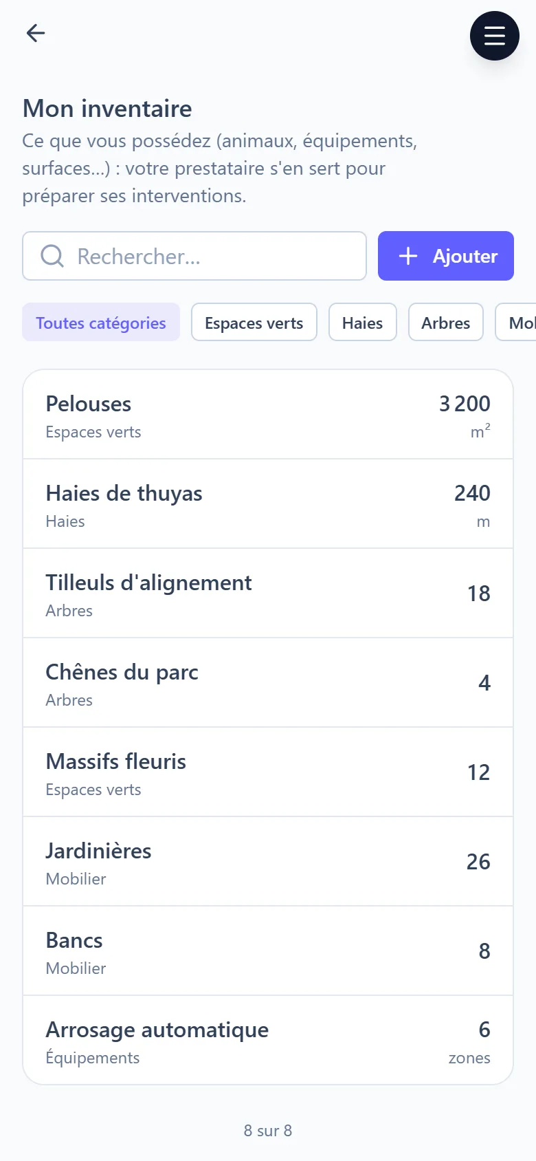 Espace client : inventaire du client avec les quantités à jour