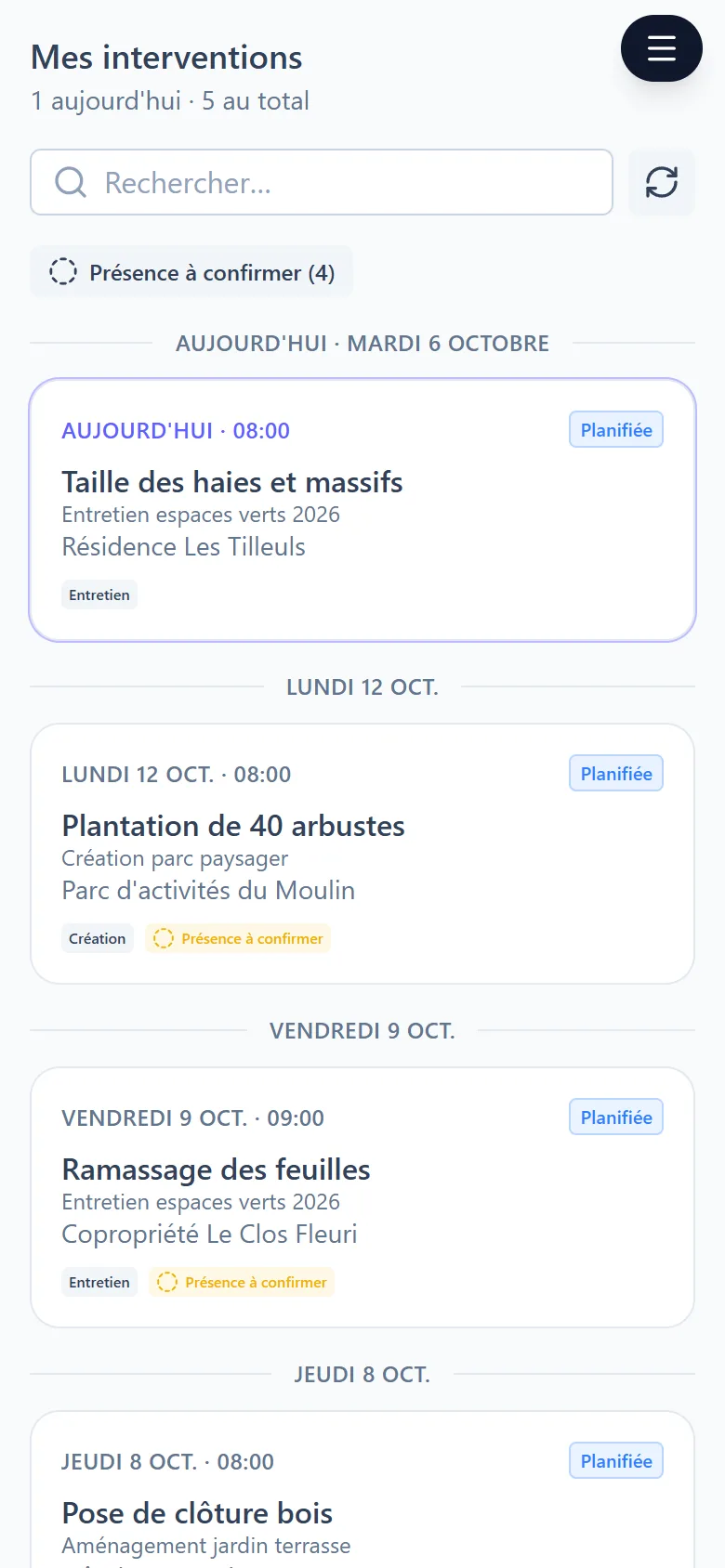 Application d'intervention terrain : liste « Mes interventions » avec l'intervention du jour