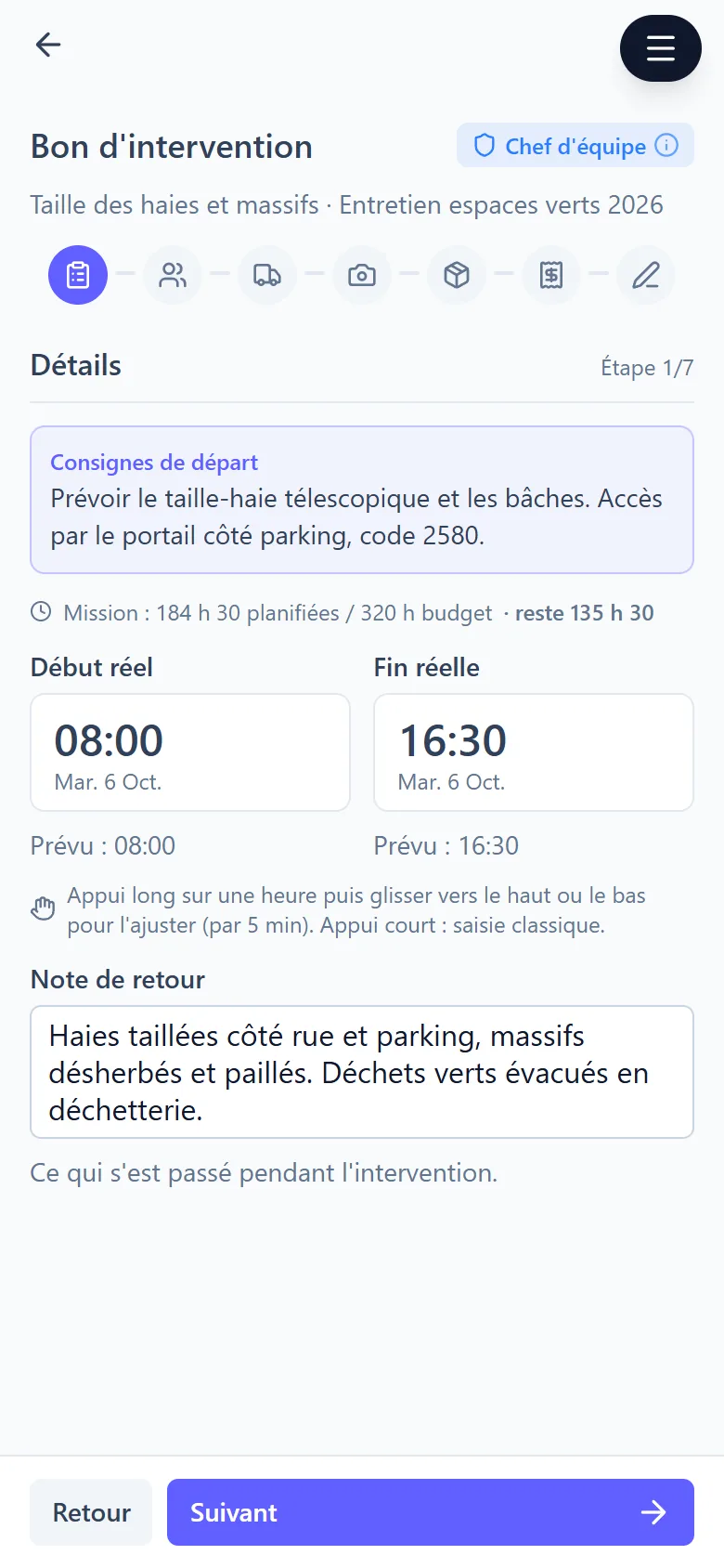 Application d'intervention terrain : bon d'intervention avec horaires réels, pause, équipe et véhicules