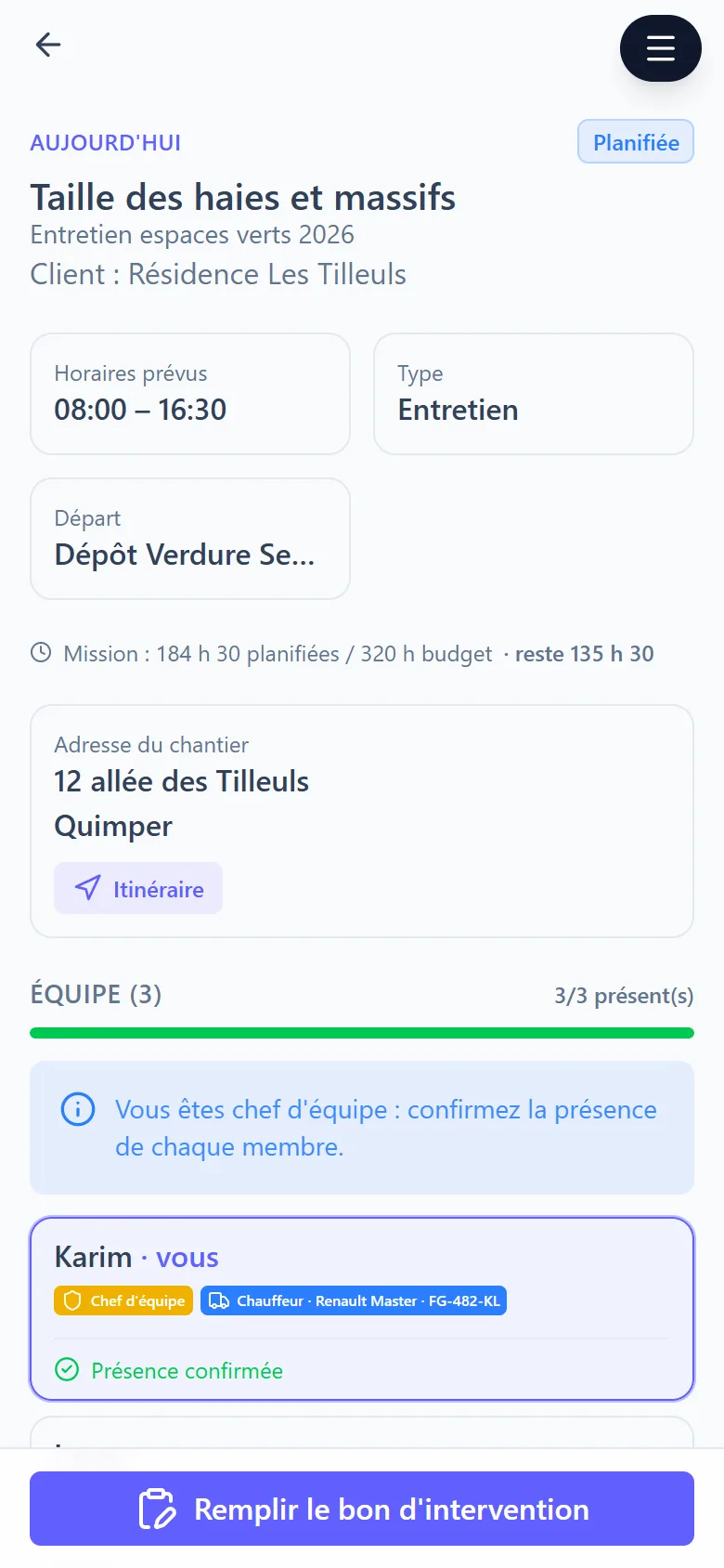 Application d'intervention terrain : détail de l'intervention avec adresse, équipe, véhicules et matériel prévu