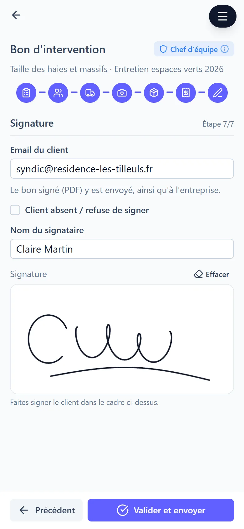 Application d'intervention terrain : signature du client sur le bon d'intervention