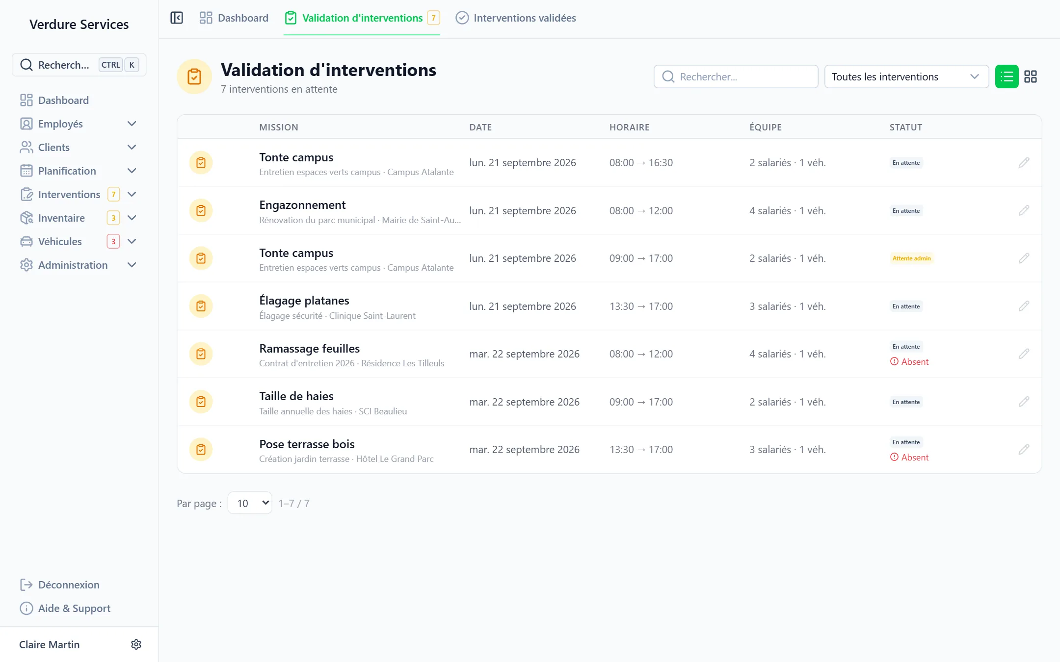Liste des interventions en attente de validation