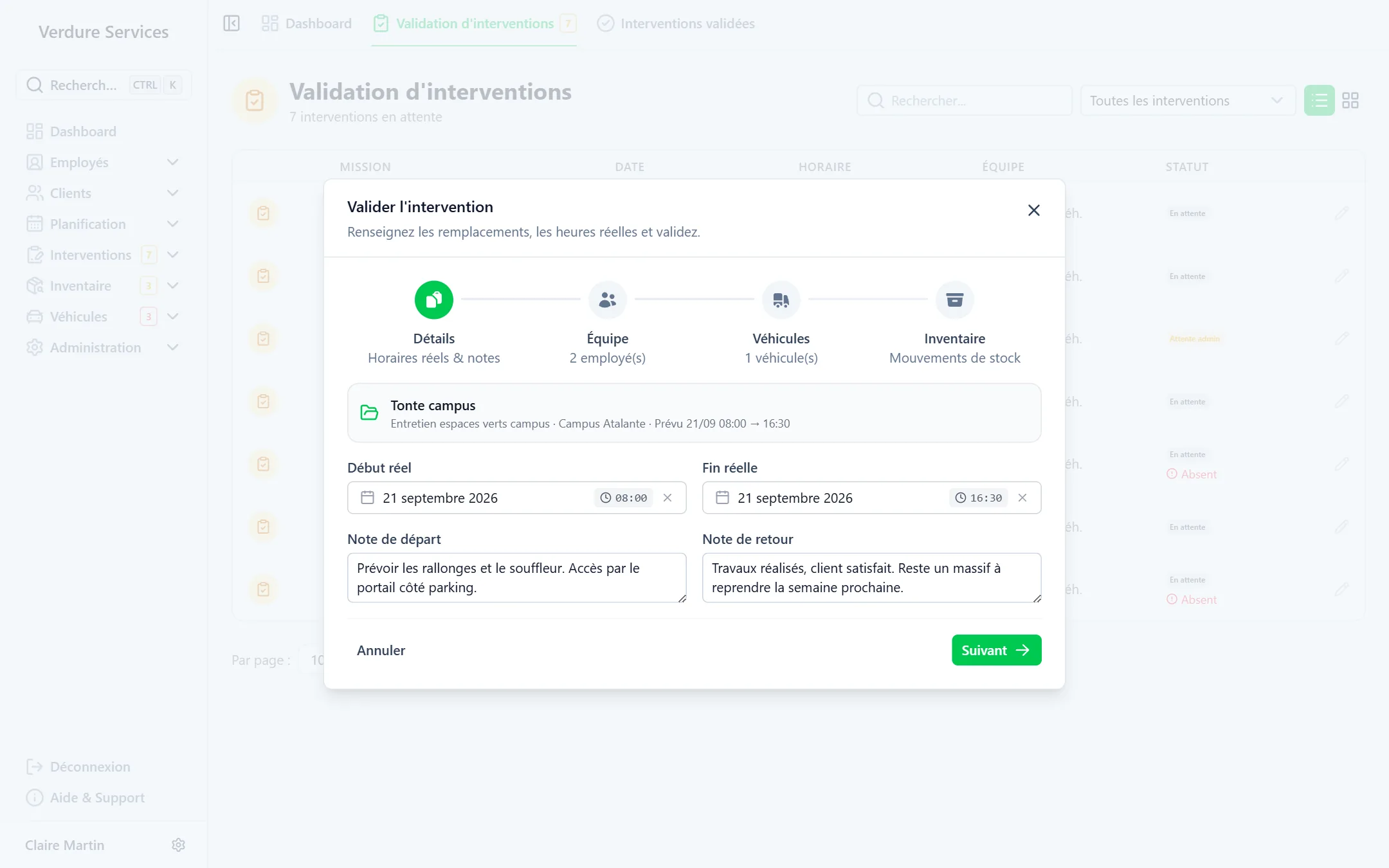 Validation d'un bon d'intervention reçu du terrain